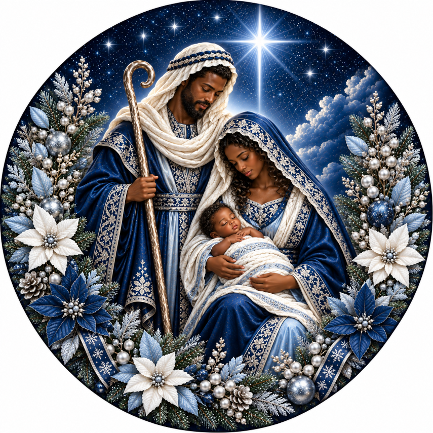 A painting depicting the Holy Family of Jesus, Mary, and Joseph, surrounded by a wreath of flowers and a starry night sky.