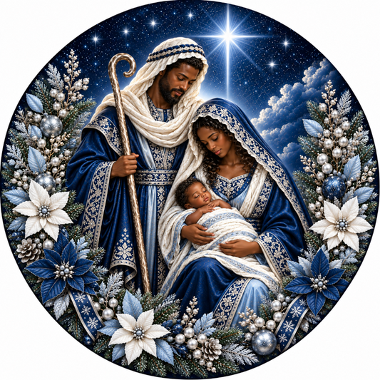 A painting depicting the Holy Family of Jesus, Mary, and Joseph, surrounded by a wreath of flowers and a starry night sky.