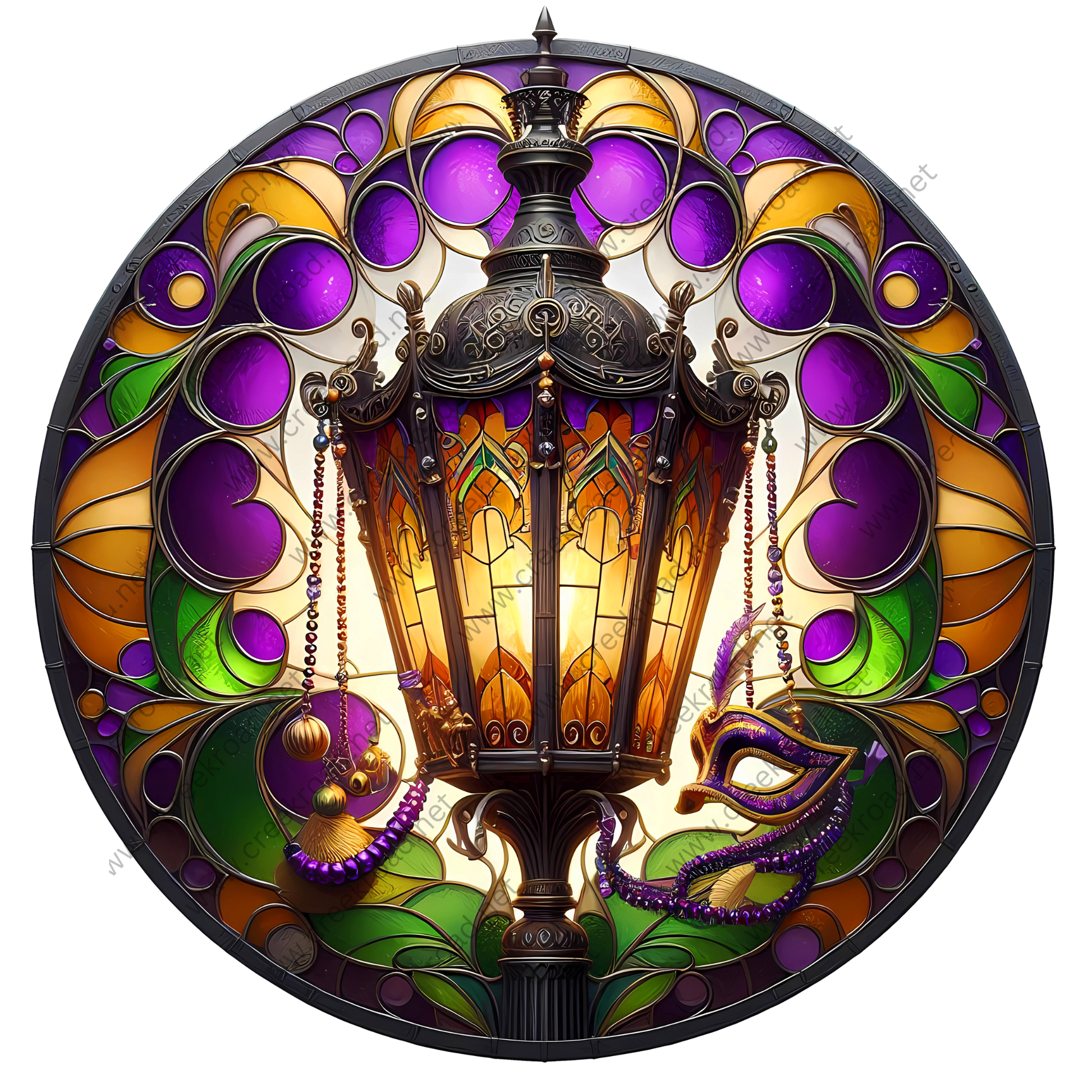 a decorative stained glass lamp with a mask hanging from it, surrounded by a colorful, intricate design.