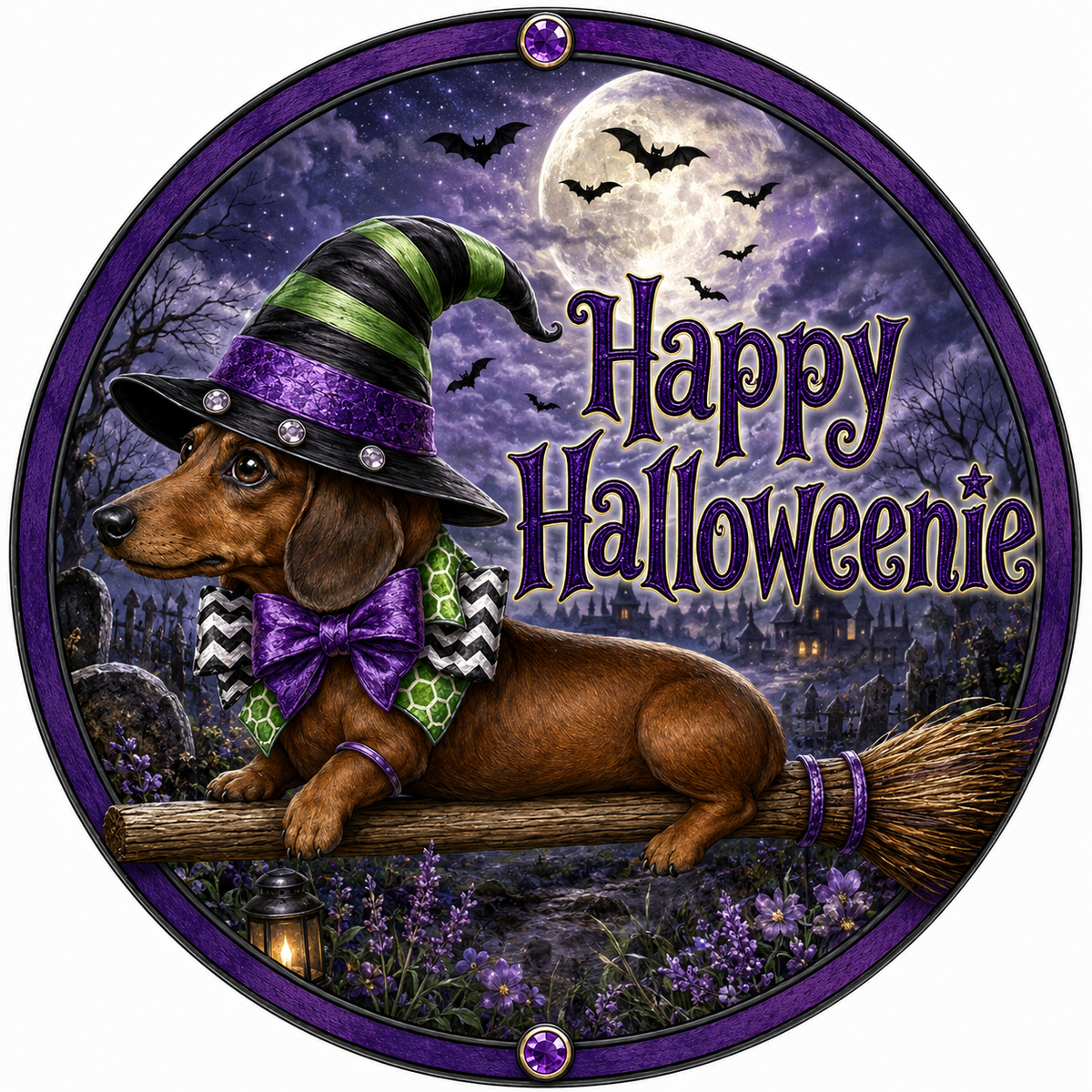 A dachshund dog wearing a witch's hat and bow tie is sitting on a broomstick, with a full moon and bats in the background, and the text "Happy Halloweenie" displayed.