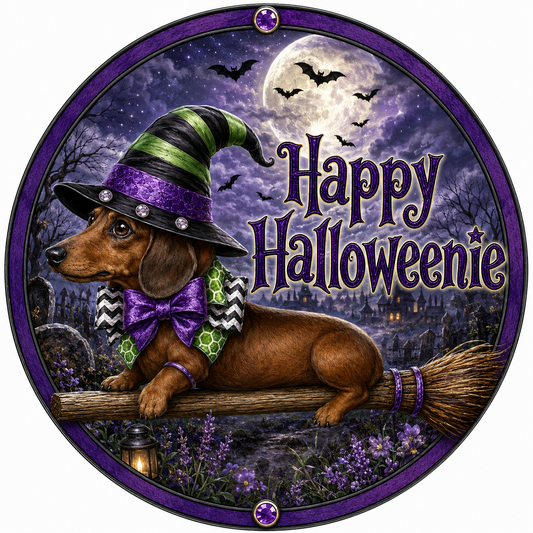A dachshund dog wearing a witch's hat and bow tie is sitting on a broomstick, with a full moon and bats in the background, and the text "Happy Halloweenie" displayed.