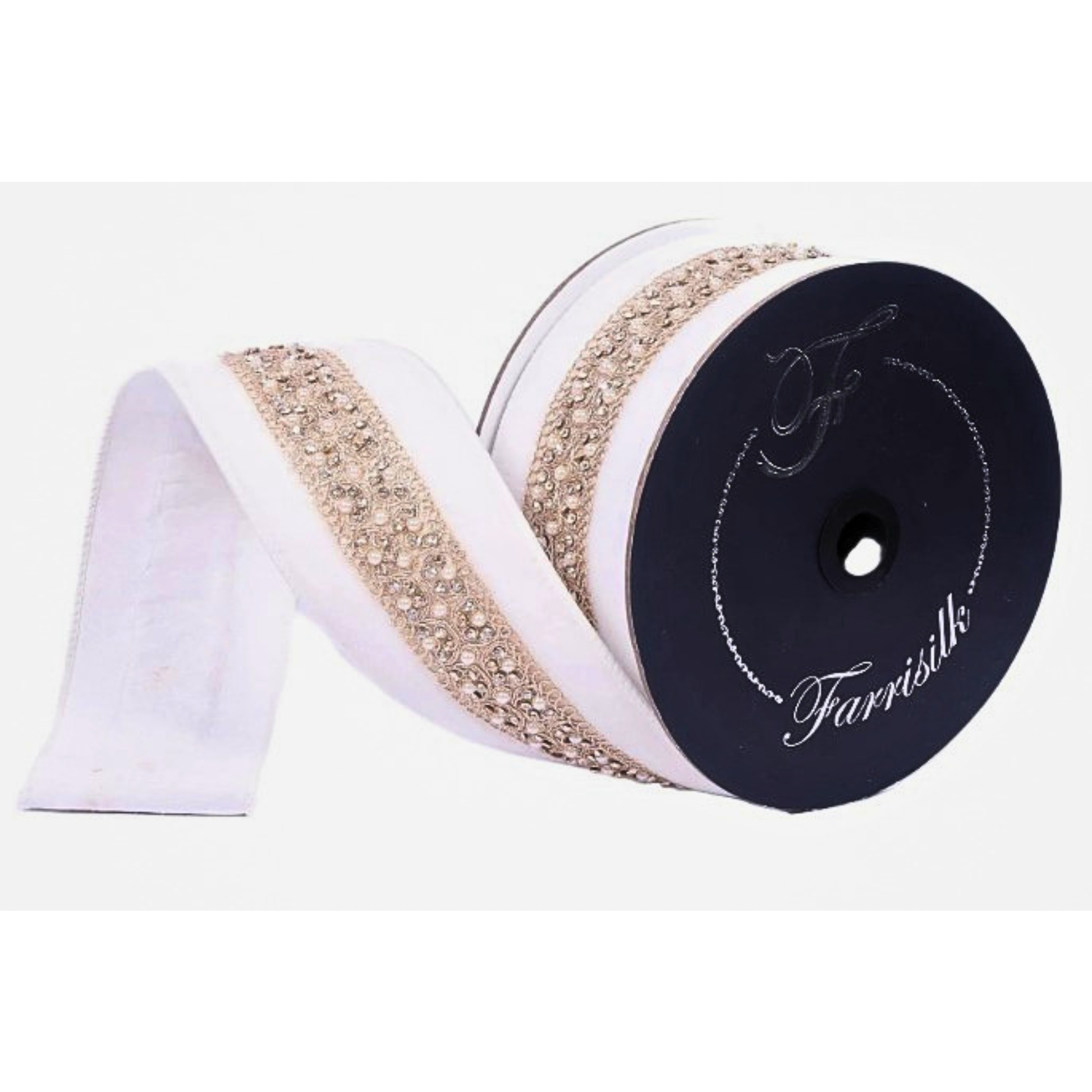 A roll of decorative fabric with a white and gold pattern, featuring a black label with the text "Farrilks" printed on it.