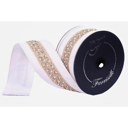 A roll of decorative fabric with a white and gold pattern, featuring a black label with the text "Farrilks" printed on it.
