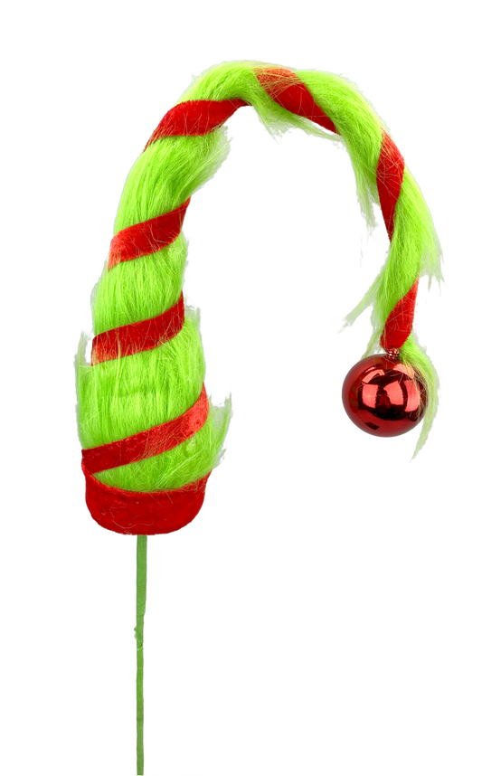 A green and red striped ornament with a red ball attached to it, resembling a Christmas ornament or decoration.