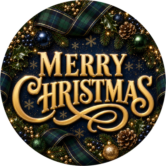 A circular Christmas-themed design with the text "MERRY CHRISTMAS" prominently displayed in the center. The design is surrounded by various holiday decorations, including pine cones, ornaments, and a plaid ribbon.
