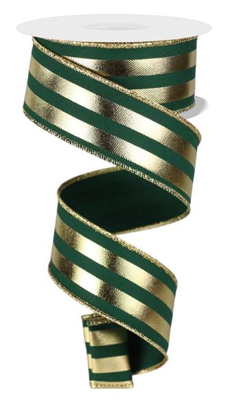 a roll of green and gold ribbon on a white background