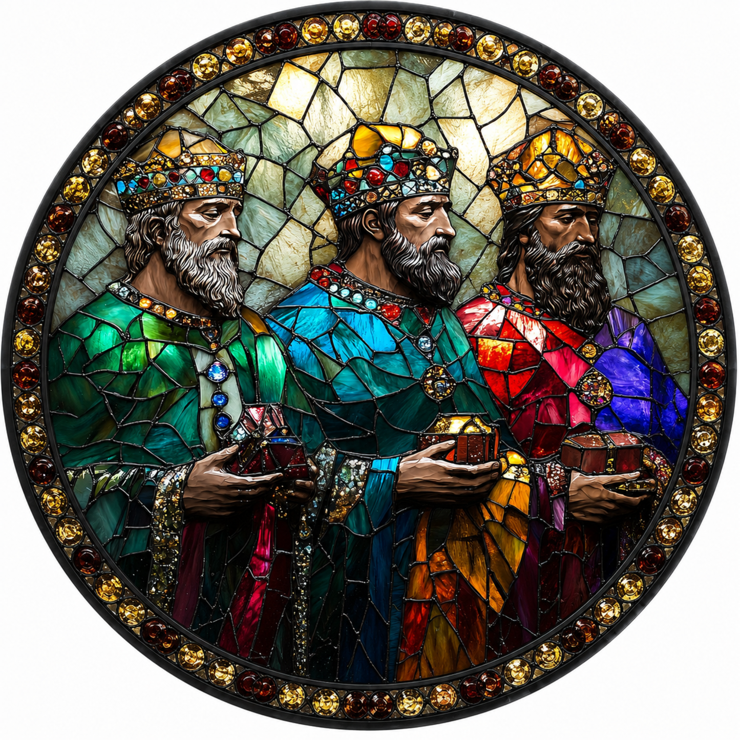 A stained glass panel featuring three wise men, each holding a different object, such as a scroll, a book, and a staff. The wise men are wearing colorful robes and crowns, and the background is a mosaic of various colors and patterns.