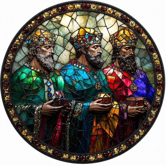 A stained glass panel featuring three wise men, each holding a different object, such as a scroll, a book, and a staff. The wise men are wearing colorful robes and crowns, and the background is a mosaic of various colors and patterns.
