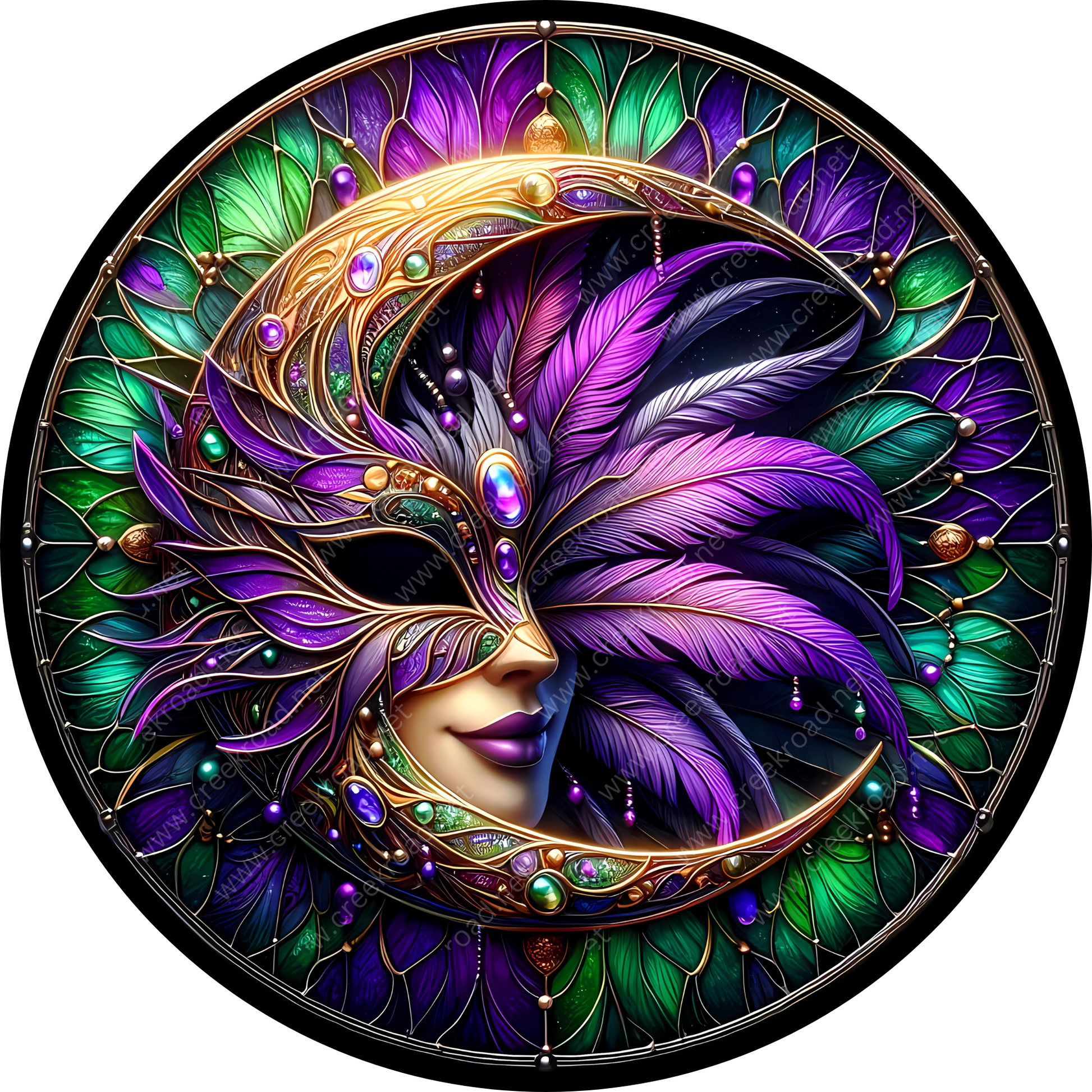 a vibrant and intricate mask with a crescent moon design, adorned with feathers, gemstones, and other embellishments.