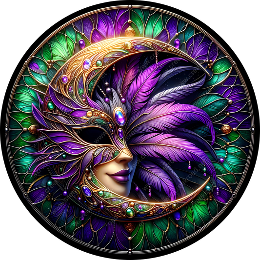 a vibrant and intricate mask with a crescent moon design, adorned with feathers, gemstones, and other embellishments.