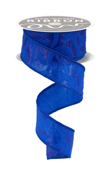 A blue, non-woven ribbon with a floral pattern is shown against a white background.