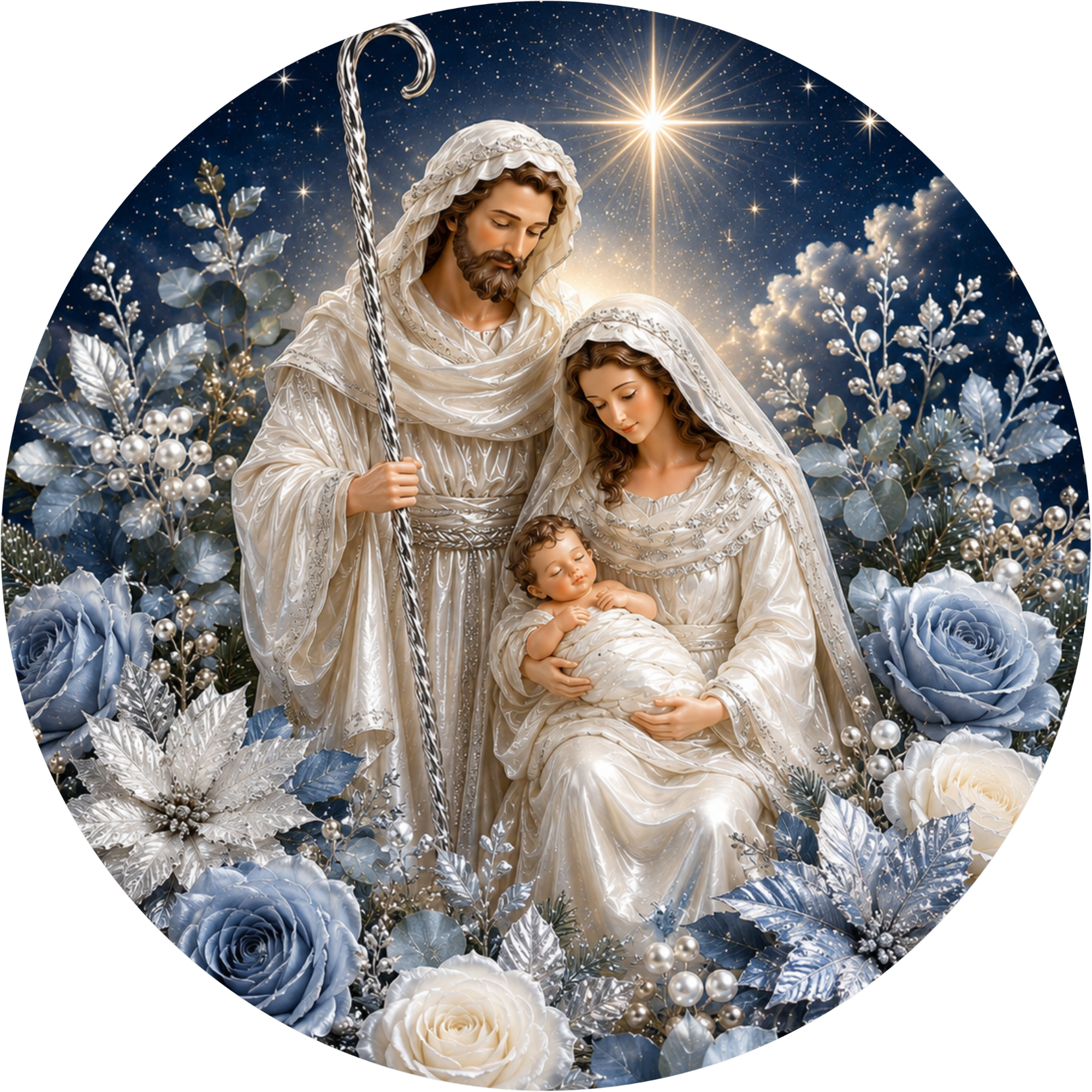 a religious scene with a statue of the Virgin Mary holding a baby, surrounded by a halo of light and a starry night sky.