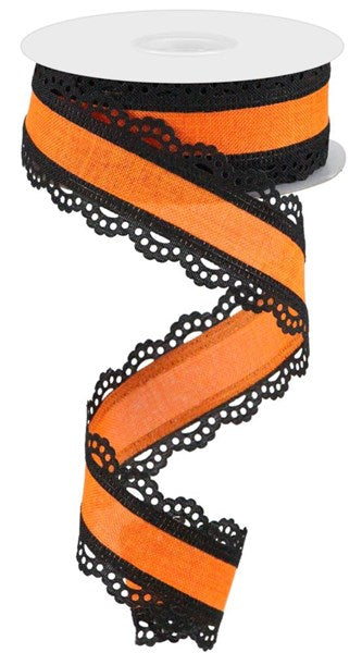 a roll of orange and black lace ribbon