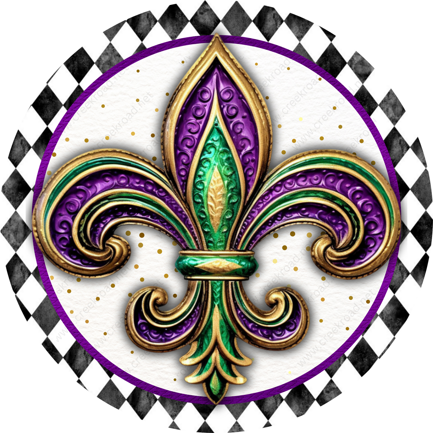 a purple and green fleur de lis on a checkered background