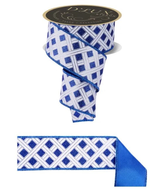a blue and white patterned ribbon with a metallic blue trim.