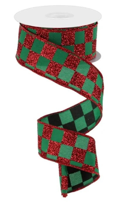 A spiral-shaped red and green checkered ribbon with a white base.