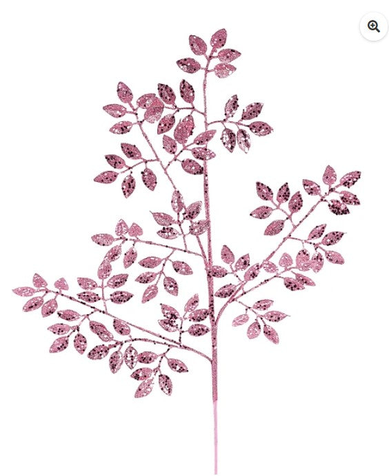 a pink glitter leaf branch with numerous small, sparkly leaves.