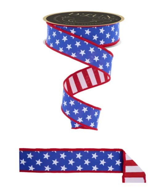 a blue and red ribbon with white stars, which appears to be a decorative item.