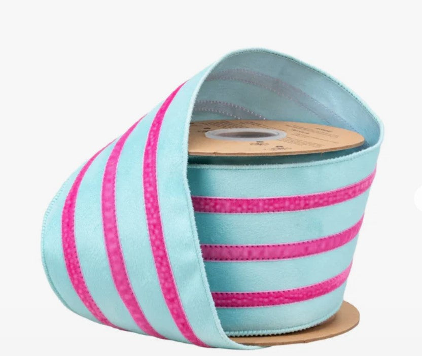 A roll of light blue ribbon with pink stripes is shown, with the ribbon partially unspooled and revealing the spool.