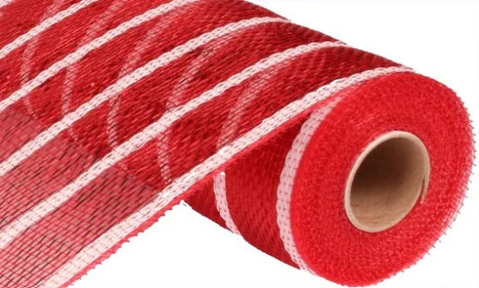 A roll of red and white striped mesh material.