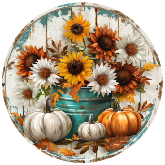 a painting of sunflowers and pumpkins in a blue vase