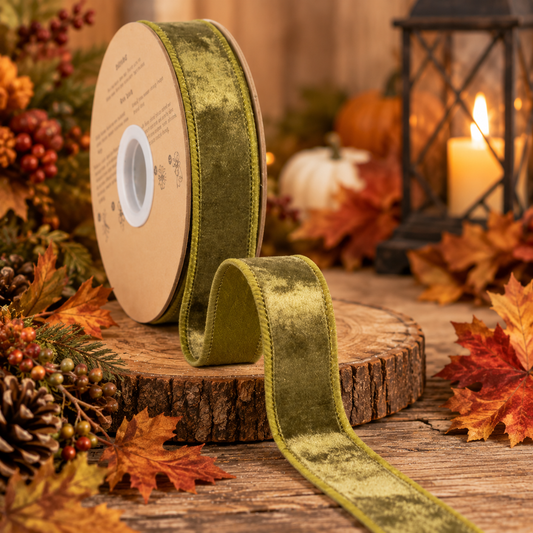 A roll of green velvet ribbon is placed on a wooden surface, surrounded by autumn leaves, a lantern, and other fall decorations.