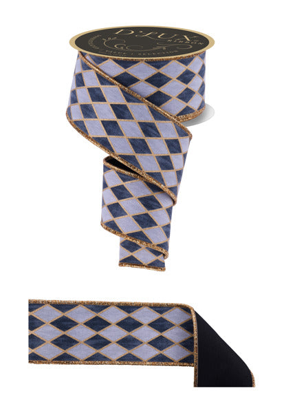 a decorative ribbon with a diamond pattern in shades of blue and gold. The ribbon is coiled and appears to be a decorative item, possibly used for embellishing gifts or other items.