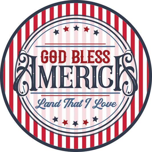 a red, white and blue label that says god bless america land that i love