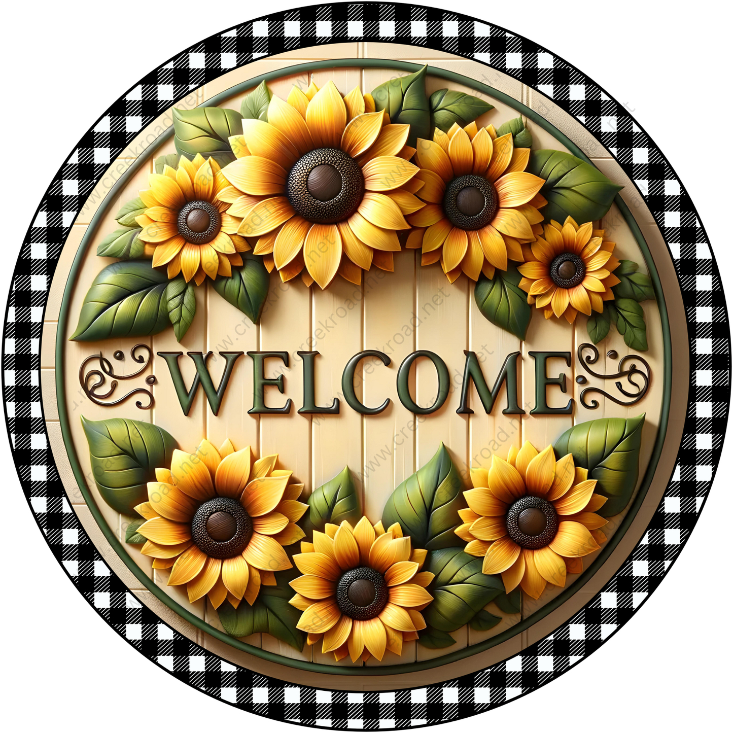 A decorative round sign with a wooden border and a black and white checkered pattern around the edges. The sign features a wreath of yellow sunflowers and green leaves, with the word "WELCOME" prominently displayed in the center.