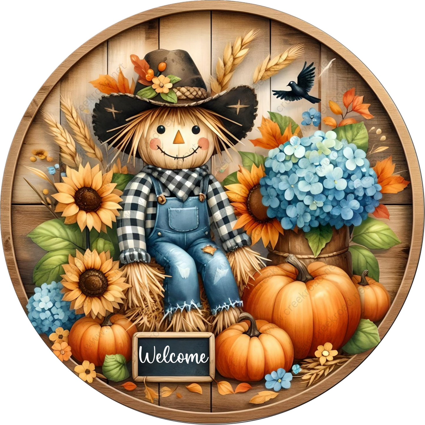 a picture of a scarecrow with a welcome sign