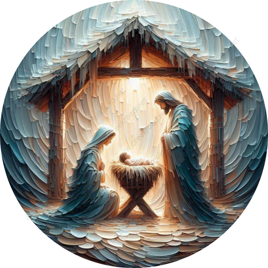 A digital illustration depicting the nativity scene with the baby Jesus in the manger, surrounded by the Virgin Mary and Joseph in a stylized, textured design.