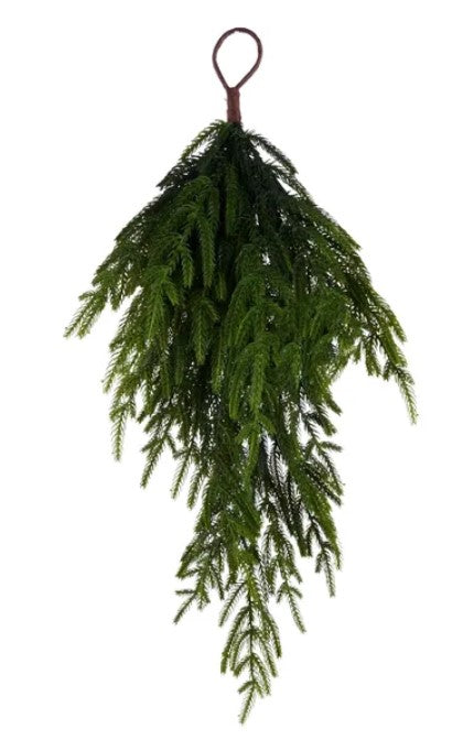 A lush, green evergreen branch with a dense, dense appearance, hanging from a hook or a similar structure.