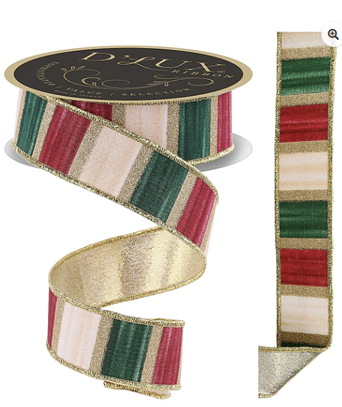 A decorative Christmas ribbon with a striped pattern in red, green, and gold colors.