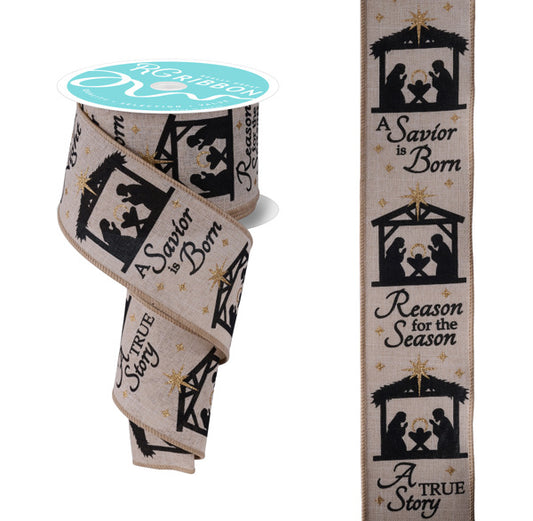 A Christmas-themed ribbon with a nativity scene design and the text "A Savior is Born" printed on it.