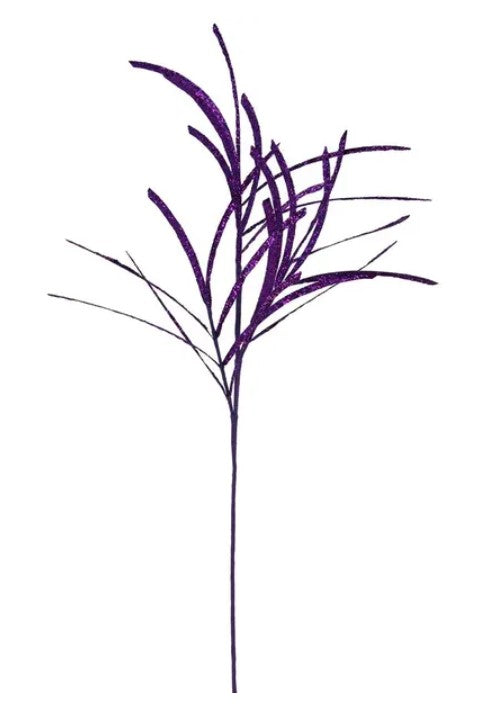 A single purple plant stem with long, thin leaves.