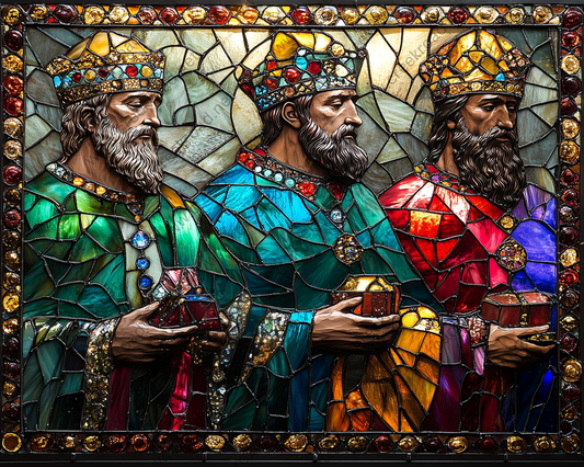 a stained glass picture of two men holding a box