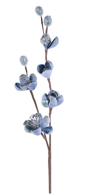 A branch with blue flowers and small white balls on it.