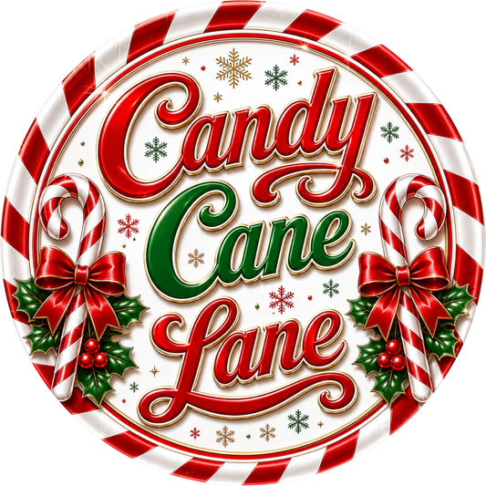 a circular design with the text "Candy Cane Lane" prominently displayed. The design is surrounded by red and white striped borders, and the text is written in a decorative, cursive font. The design also includes candy canes and holly leaves, which are traditional symbols associated with the holiday season.