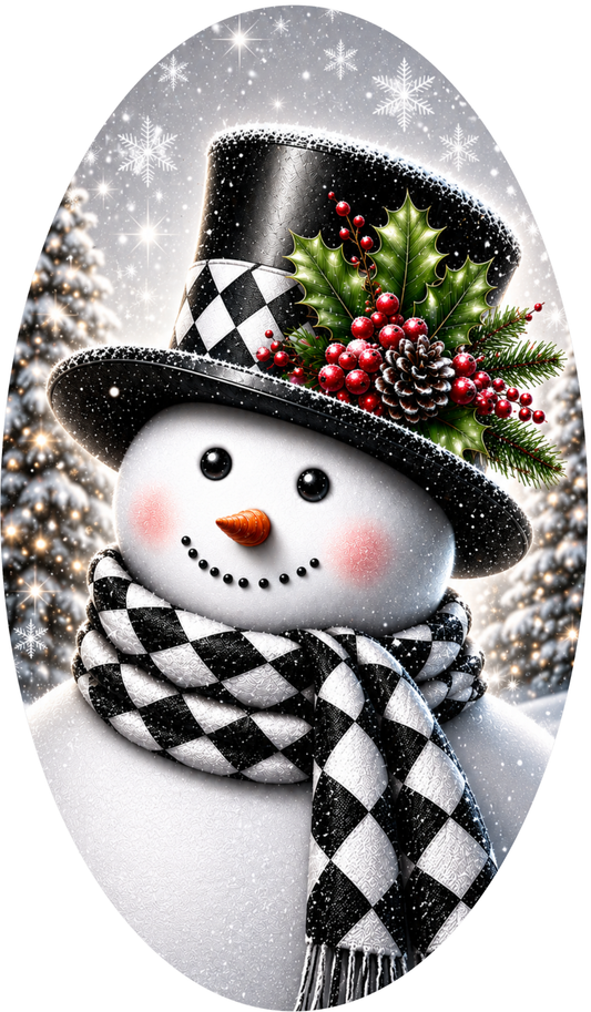 A cheerful snowman wearing a black top hat with a checkered pattern, a black and white scarf, and a red and green holly leaf on top, set against a snowy winter landscape with trees and falling snowflakes.