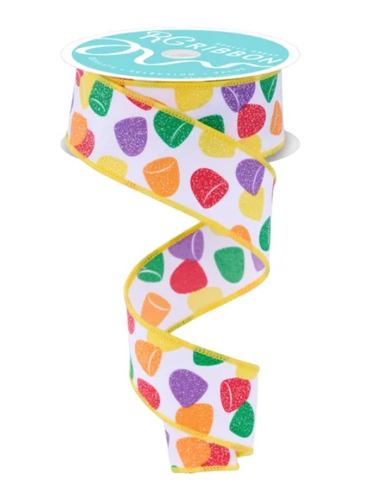 A spiral-shaped ribbon with a colorful pattern of hearts in various sizes and colors.