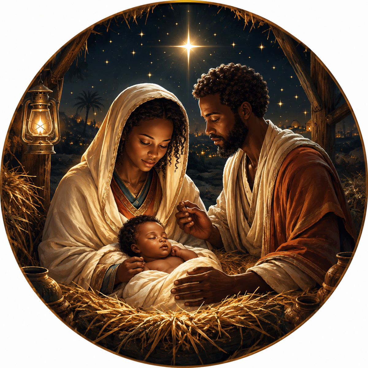 African American Nativity Wreath Sign-Sublimation-Round-Christmas-Winter-Decor