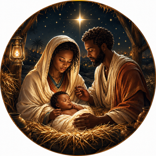 African American Nativity Wreath Sign-Sublimation-Round-Christmas-Winter-Decor