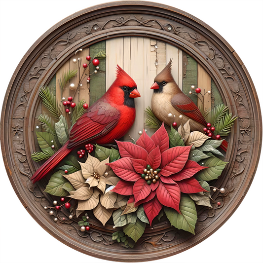 Beautiful Cardinals Poinsettias Christmas Sublimated Wreath Sign