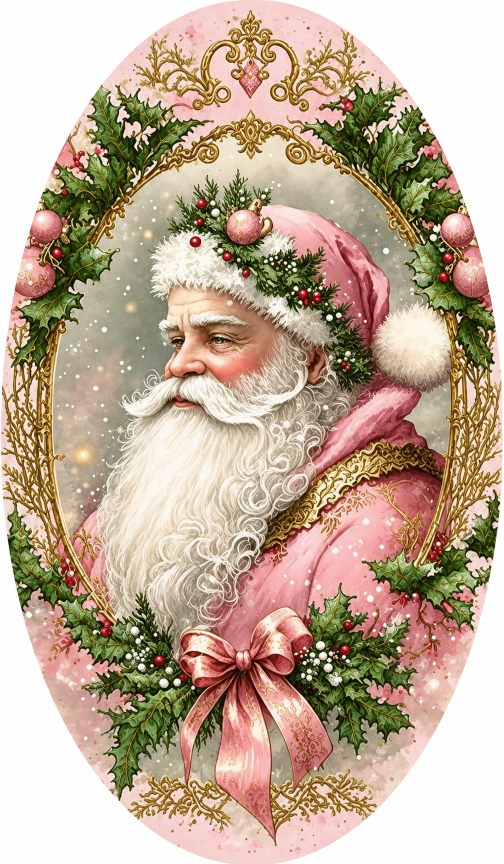 Vintage Pink Santa Wreath Sign-7"X12" Oval-Sublimation