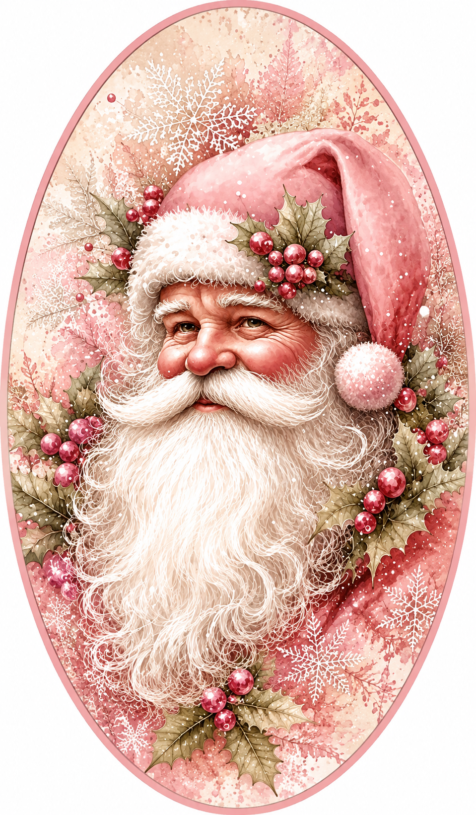 Vintage Pink Santa Holly Wreath Sign-7"x12" Oval-Sublimation