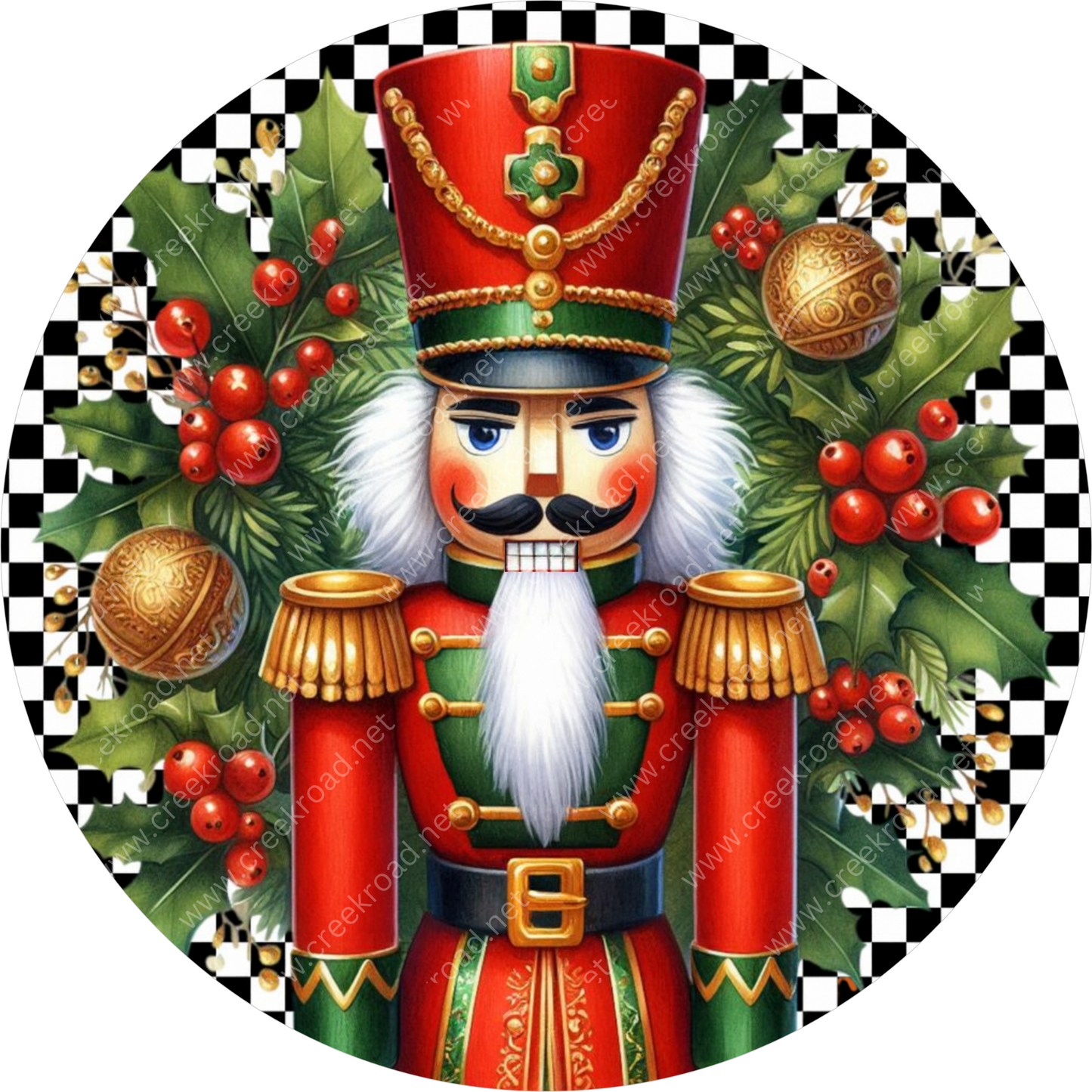 Red Christmas Nutcracker Holly Harlequin Background Sublimated Wreath Sign