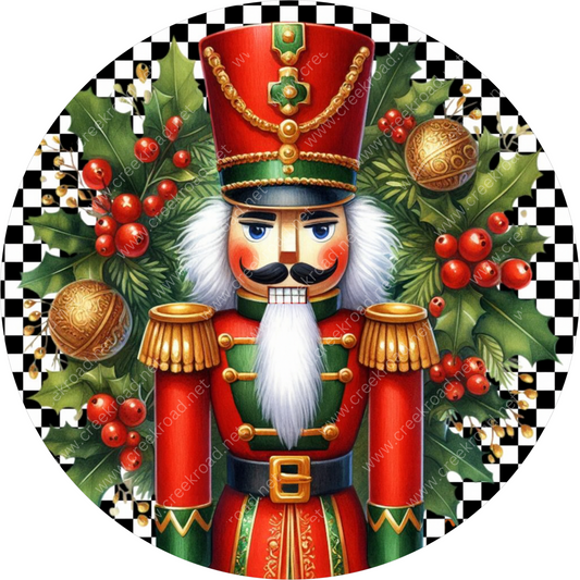 Red Christmas Nutcracker Holly Harlequin Background Sublimated Wreath Sign