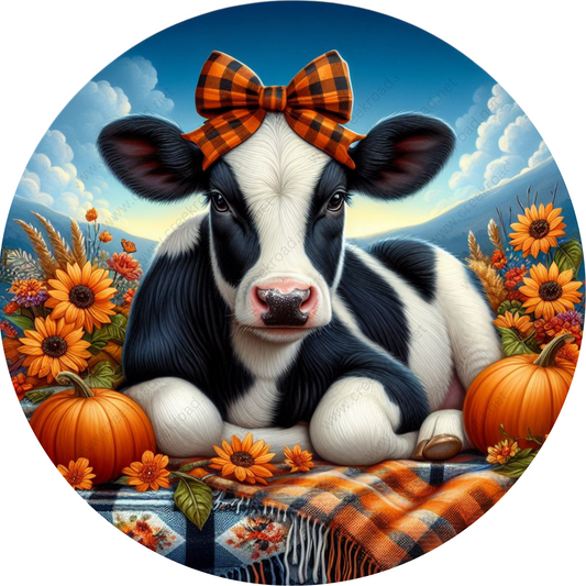 Farm Cow Black White In Pumpkin Patch Wreath Sign-Sublimation-Spring-Farm-Attachment-Decor (Copy) (Copy)