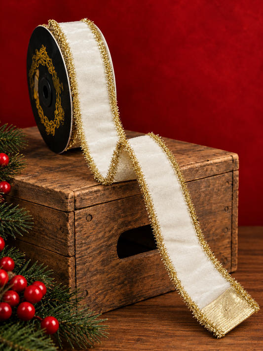 2.5" X 10Yd Wired Ribbon-John Mark White Velvet Dupion, Double Fused Tinsel Edge-JME-WN25-063-W-2.5