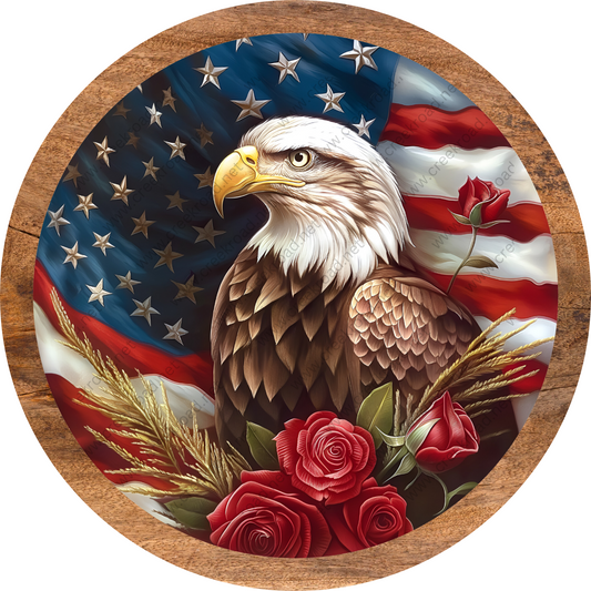 American Bald Eagle Flag Red Roses Wreath Sign-Round-Sublimation-Aluminum-Attachment-Decor